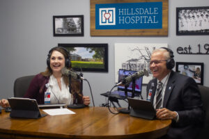 Lott (left) and Hodshire (right) record an episode of their podcast, Rural Health Rising, in their studio at Hillsdale Hospital